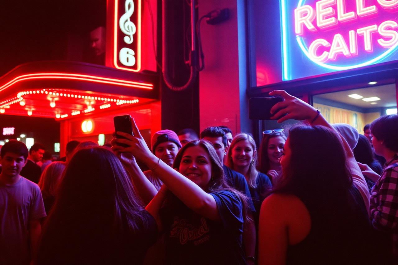 Fans taking selfies outside a venue under neon lights