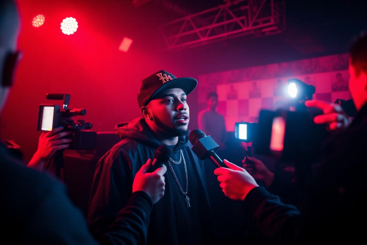 Artist interviewed by press with microphones and camera lights