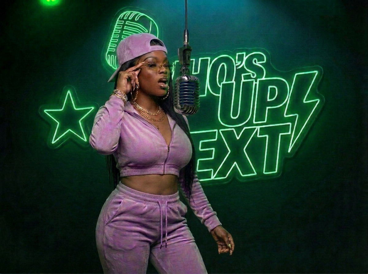 Singer Amari Rose performing in front of the neon Who's Up Next sign