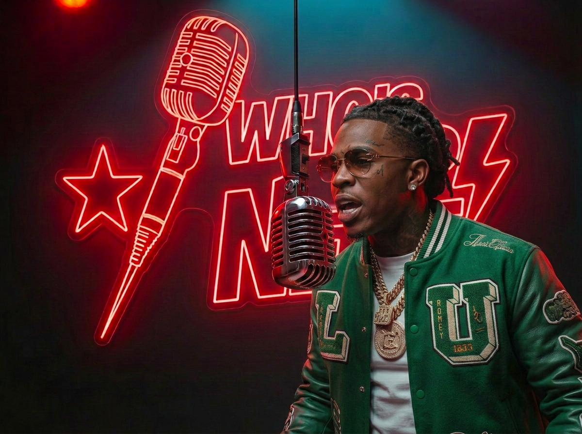 Rapper performing in front of the neon Who's Up Next sign
