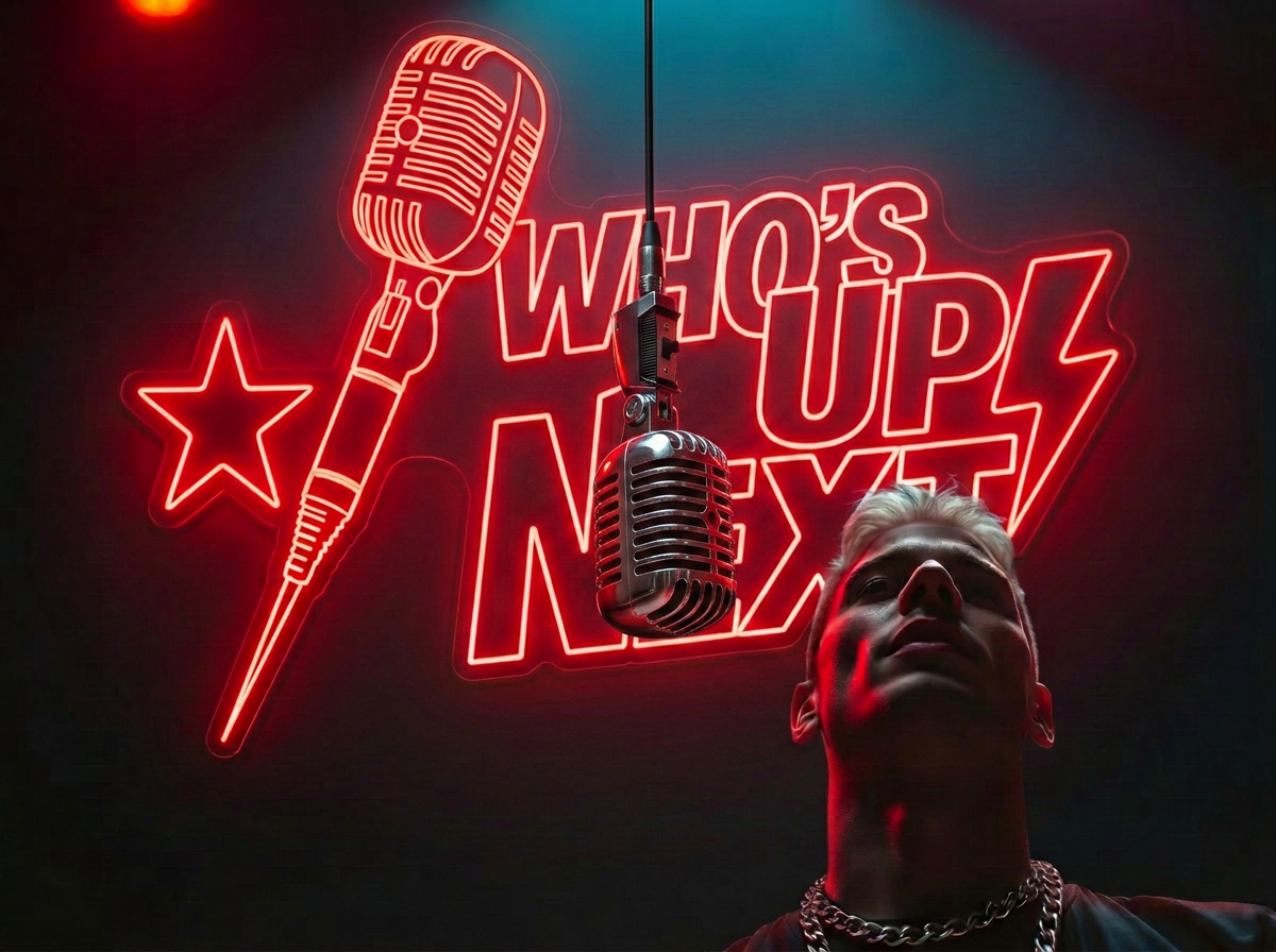 Saint Lyric performing under the neon Who's Up Next sign